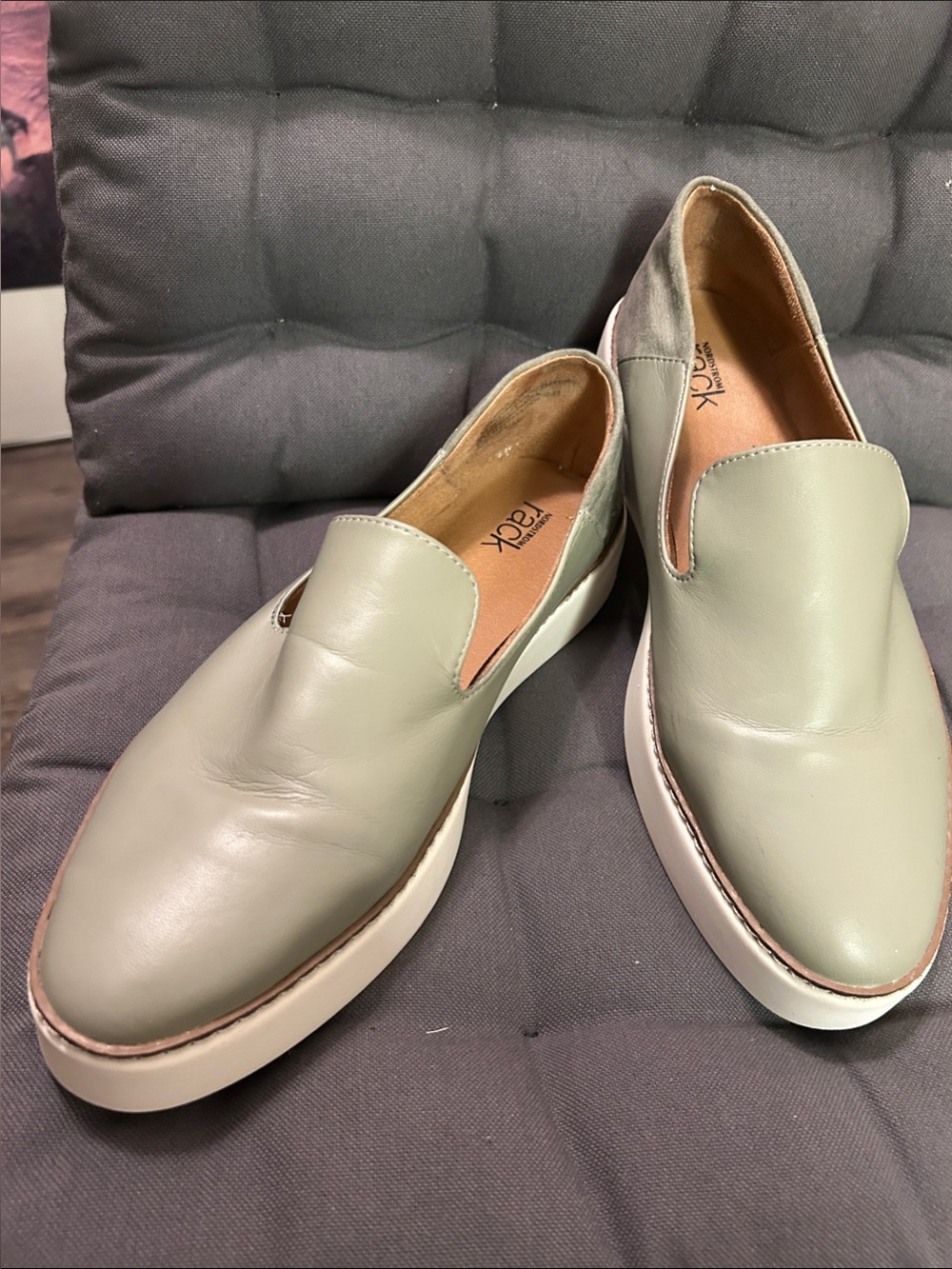 Nordstrom Women’s  Slip-On Leather Loafers in Sage Green with White Sole